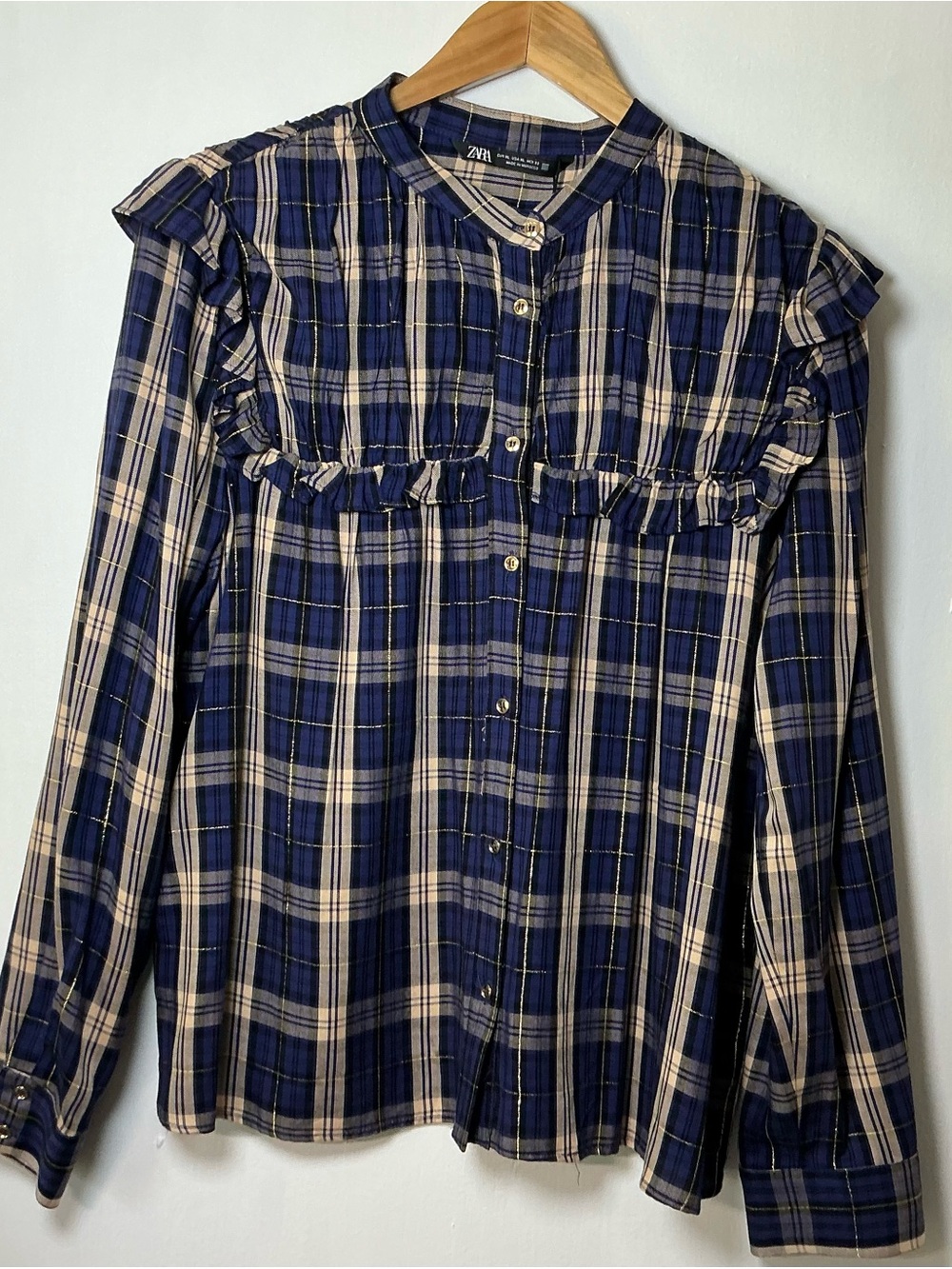 NWT Zara Plaid navy blue Gold Lurex Thread Blouse Cottagecore Ruffle Yoke XL